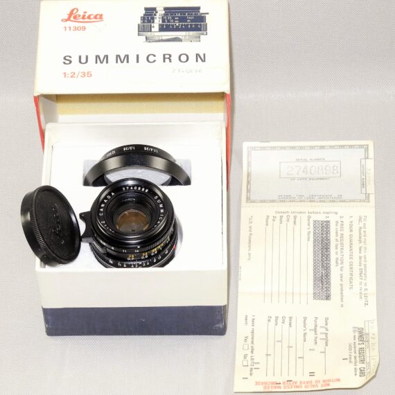 Leica 35/2 Summicron-M with Leica original box,Leica metal hood,Leica caps, Leica lens warranty cards, Just CLA'd Mint/-  SOLD