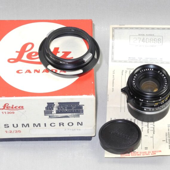 Leica 35/2 Summicron-M with Leica original box,Leica metal hood,Leica caps, Leica lens warranty cards, Just CLA'd Mint/-  SOLD