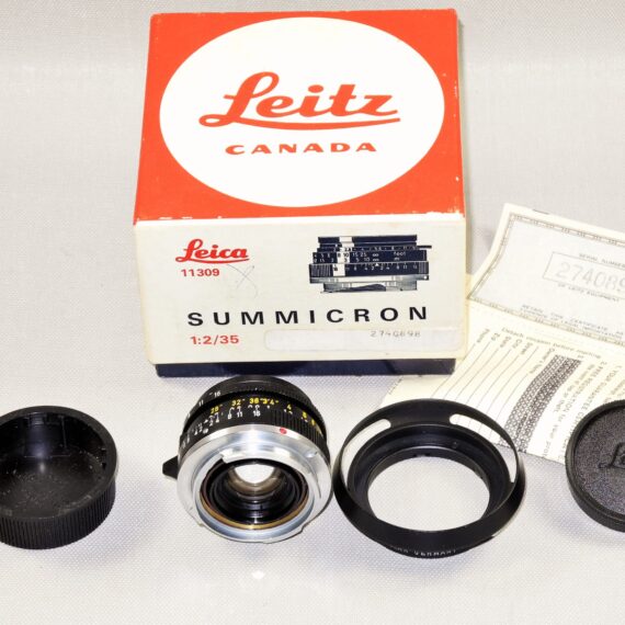 Leica 35/2 Summicron-M with Leica original box,Leica metal hood,Leica caps, Leica lens warranty cards, Just CLA'd Mint/-  SOLD