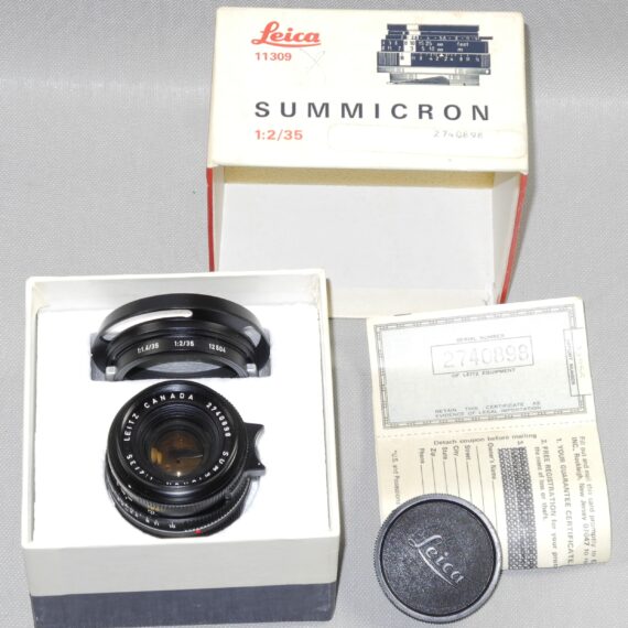 Leica 35/2 Summicron-M with Leica original box,Leica metal hood,Leica caps, Leica lens warranty cards, Just CLA'd Mint/-  SOLD
