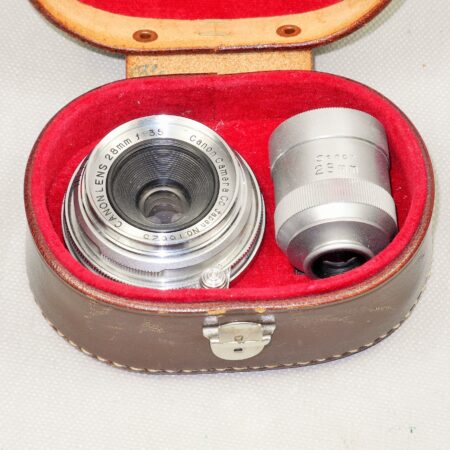 Canon 28/3,5 screw-mount with Canon 28mm chrome finder with original leather case Ex++