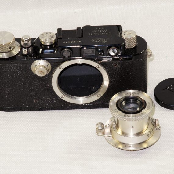 Leica III / F Black Nickel 1934 camera with Leica 50mm Nickel Elmar sm lens with case and cap Mint- / SOLD