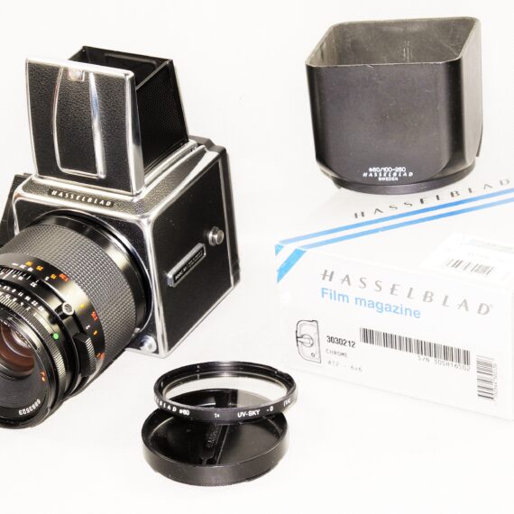Hasselblad 500cm chrome camera W/Hasselblad 120/4 Makro-Planar CF T* lens, A12 mag, filter, hood, caps Mint- / SOLD