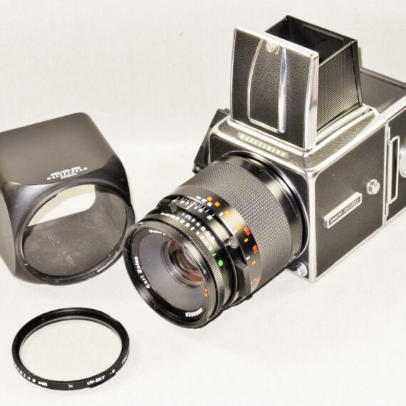 Hasselblad 500cm chrome camera W/Hasselblad 120/4 Makro-Planar CF T* lens, A12 mag, filter, hood, caps Mint- / SOLD