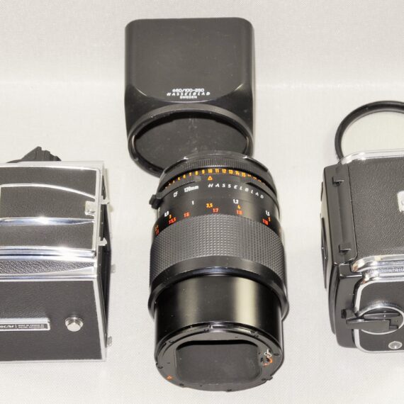 Hasselblad 500cm chrome camera W/Hasselblad 120/4 Makro-Planar CF T* lens, A12 mag, filter, hood, caps Mint- / SOLD