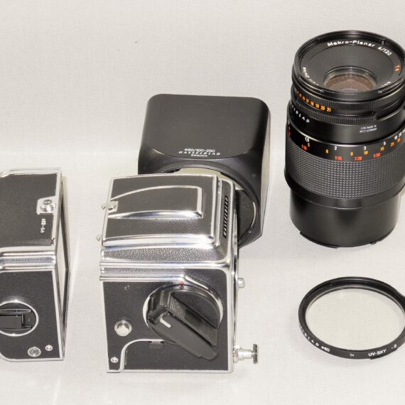 Hasselblad 500cm chrome camera W/Hasselblad 120/4 Makro-Planar CF T* lens, A12 mag, filter, hood, caps Mint- / SOLD
