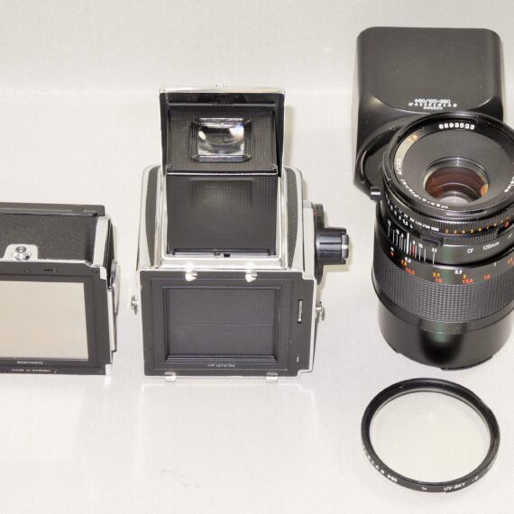 Hasselblad 500cm chrome camera W/Hasselblad 120/4 Makro-Planar CF T* lens, A12 mag, filter, hood, caps Mint- / SOLD