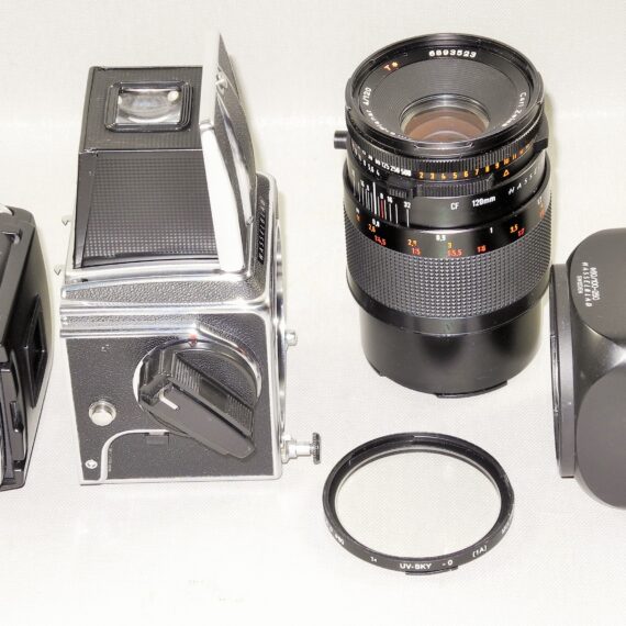 Hasselblad 500cm chrome camera W/Hasselblad 120/4 Makro-Planar CF T* lens, A12 mag, filter, hood, caps Mint- / SOLD