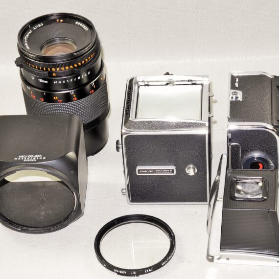 Hasselblad 500cm chrome camera W/Hasselblad 120/4 Makro-Planar CF T* lens, A12 mag, filter, hood, caps Mint- / SOLD