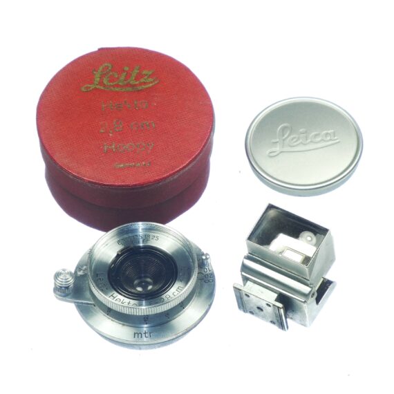 Leica 2,8cm Summaron Ex++ lens 1936 (Just cleaned) Sold W/ Leica SUOOQ folding finder, vintage red rare Leica lens box, caps, Nice set / Free shipping