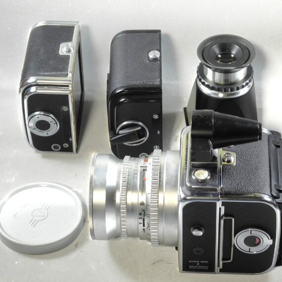 Hasselblad Super Wide C camera with VF & 3 film backs, finder, filter,cap.strap, Magnifying Hood/Chimney Finder Ex++ / Free Shipping