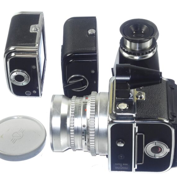Hasselblad Super Wide C camera with VF & 3 film backs, finder, filter,cap.strap, Magnifying Hood/Chimney Finder Ex++ / Free Shipping