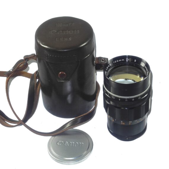 Canon 100/2 Canon LTM black lens with Canon leather case & Canon Hood and caps Ex++ / Free Shipping