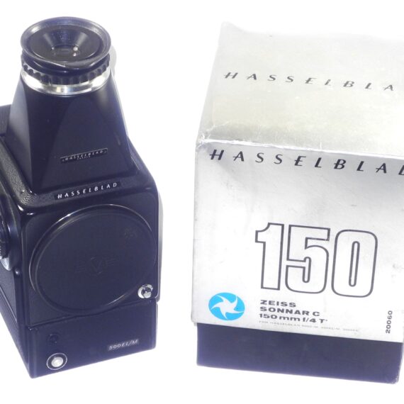 Hasselblad 500EL/M Black Camera with A12 magazine, Mag hood & 150mm black lens Ex++