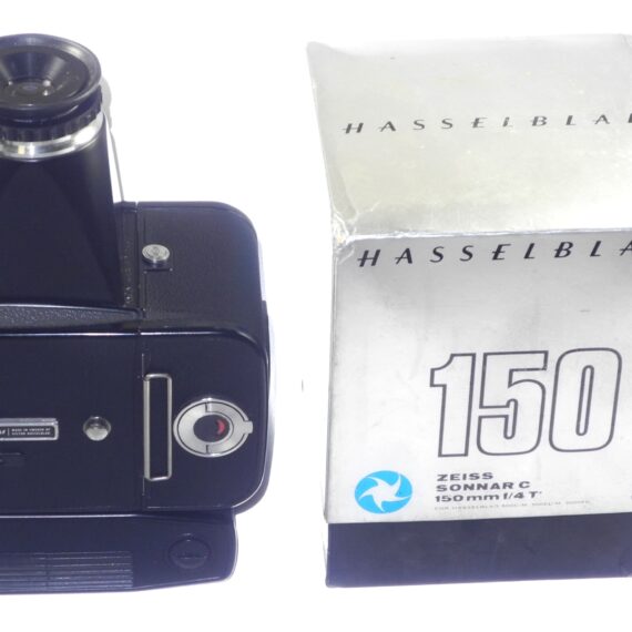 Hasselblad 500EL/M Black Camera with A12 magazine, Mag hood & 150mm black lens Ex++
