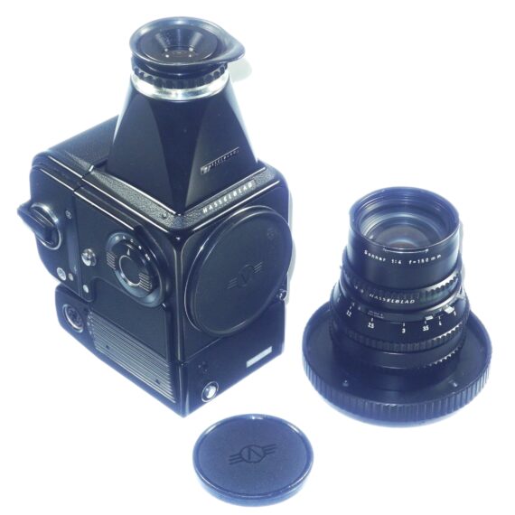 Hasselblad 500EL/M Black Camera with A12 magazine, Mag hood & 150mm black lens Ex++