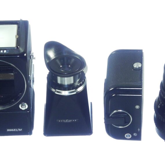 Hasselblad 500EL/M Black Camera with A12 magazine, Mag hood & 150mm black lens Ex++