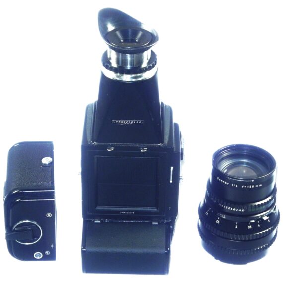 Hasselblad 500EL/M Black Camera with A12 magazine, Mag hood & 150mm black lens Ex++