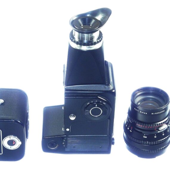 Hasselblad 500EL/M Black Camera with A12 magazine, Mag hood & 150mm black lens Ex++