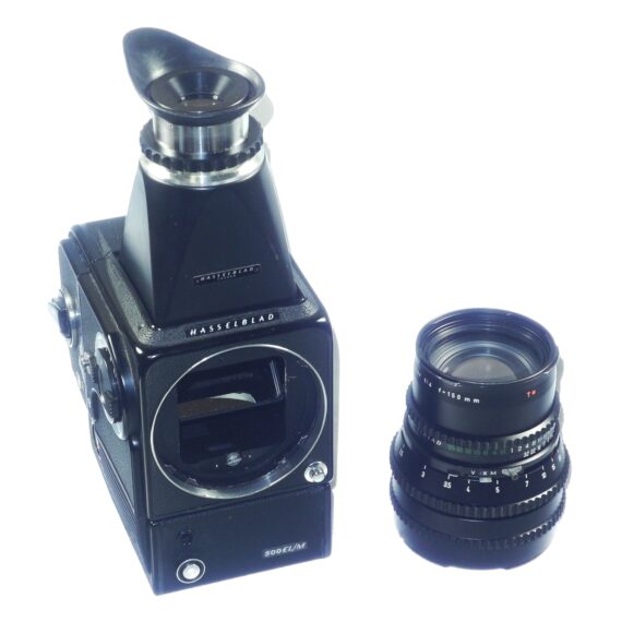 Hasselblad 500EL/M Black Camera with A12 magazine, Mag hood & 150mm black lens Ex++