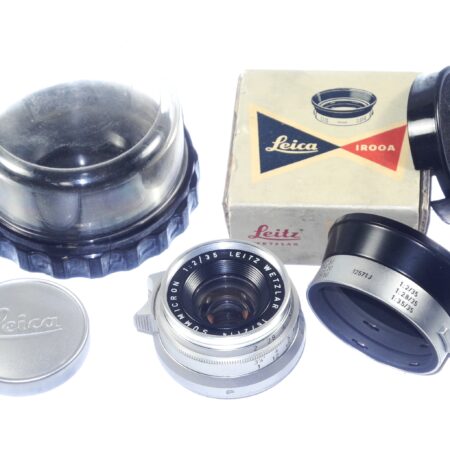 Leica Leitz 35mm f/2 Summicron chrome 8‑Element " WETZLAR" Germany rare lens Mint / LN- condition Sold with Leica IROOA Hood in box and plastic lens case / Free Shipping