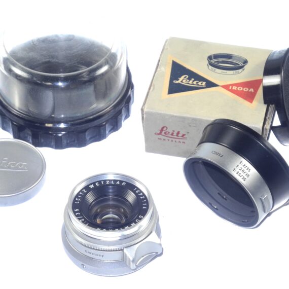 Leica Leitz 35mm f/2 Summicron chrome 8‑Element " WETZLAR" Germany rare lens Mint / LN- condition Sold with Leica IROOA Hood in box and plastic lens case / Free Shipping
