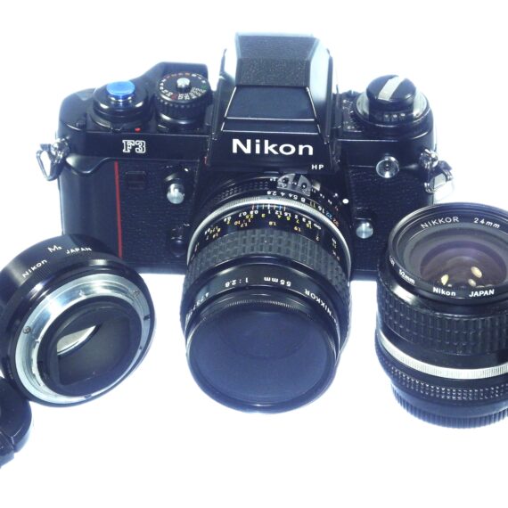 Nikon F3 HP camera with 2 Nikon lenses 55/2.8 Micro Nikkor & 24/2,8 Nikkor, Plus Nikon M2 Extension ring Ex++ / Free Shipping