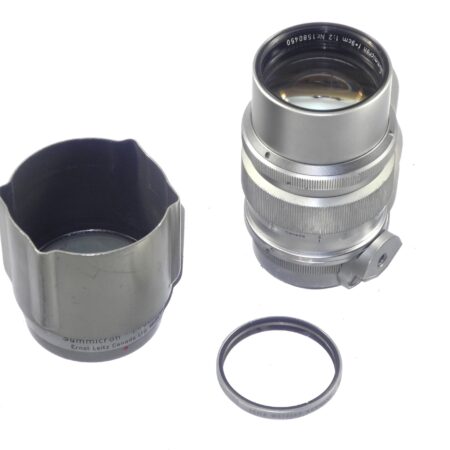 Leica 9cm f2 Summicron Silver chrome finish "SOOZI" Midland Canada with Leica original hood & filter, lens case RARE lens Ex+/ Free Shipping