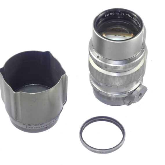Leica 9cm f2 Summicron Silver chrome finish "SOOZI" Midland Canada with Leica original hood & filter, lens case RARE lens Ex+/ Free Shipping