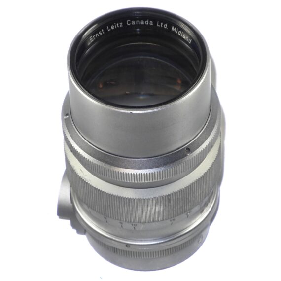 Leica 9cm f2 Summicron Silver chrome finish "SOOZI" Midland Canada with Leica original hood & filter, lens case RARE lens Ex+/ Free Shipping
