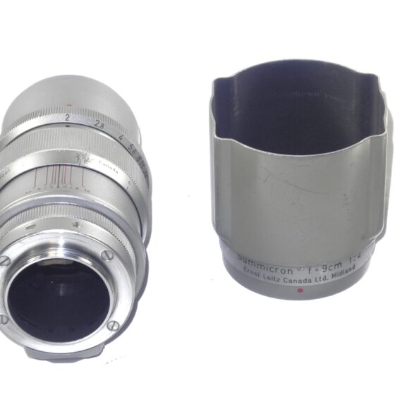 Leica 9cm f2 Summicron Silver chrome finish "SOOZI" Midland Canada with Leica original hood & filter, lens case RARE lens Ex+/ Free Shipping