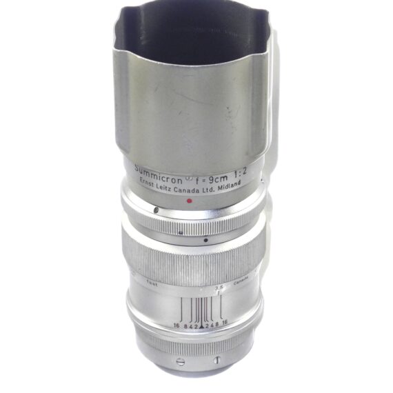 Leica 9cm f2 Summicron Silver chrome finish "SOOZI" Midland Canada with Leica original hood & filter, lens case RARE lens Ex+/ Free Shipping