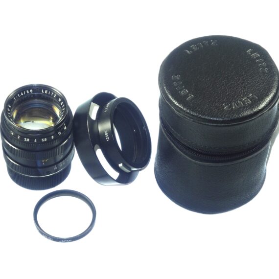 Leica 50/1,4 Summilux-M black WETZLAR Lens (Circa 1969) with Leica metal hood, lens case,cap Ex++/M- / Free shipping