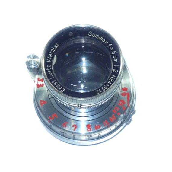 Leica 50/2 Summar (circa 1938) with Leica caps / (Red-Apert.) Ex+/Ex++